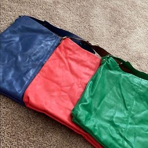 Express colored bags blue green & coral